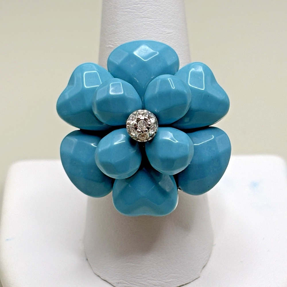 Camille Lucie Cocktail Ring Blue Flower Size 9 Rhodium Plated NEW Signed